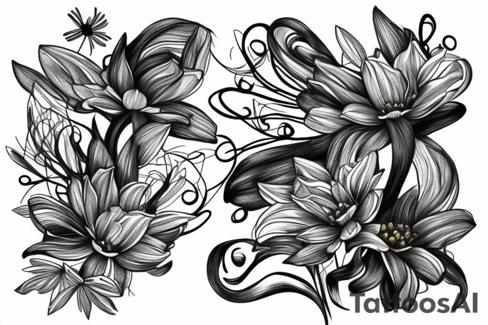 sketch of a sleeve on a black background intertwined flowers of licorice and chamomile tattoo idea