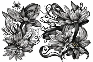 sketch of a sleeve on a black background intertwined flowers of licorice and chamomile tattoo idea