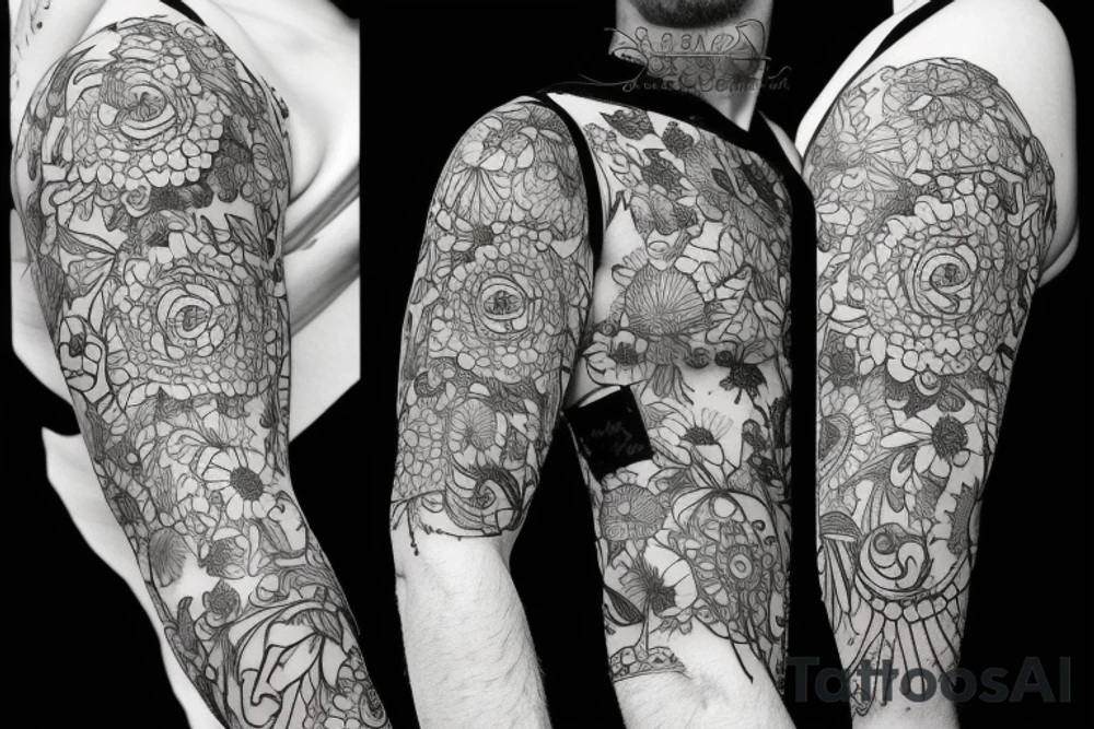 sketch of a sleeve on a black background intertwined flowers of licorice and chamomile tattoo idea