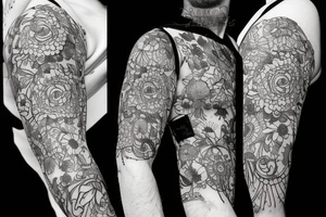 sketch of a sleeve on a black background intertwined flowers of licorice and chamomile tattoo idea