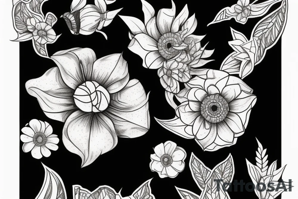 sketch of a sleeve on a black background intertwined flowers of licorice and chamomile tattoo idea