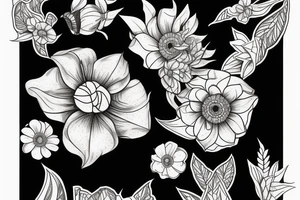 sketch of a sleeve on a black background intertwined flowers of licorice and chamomile tattoo idea