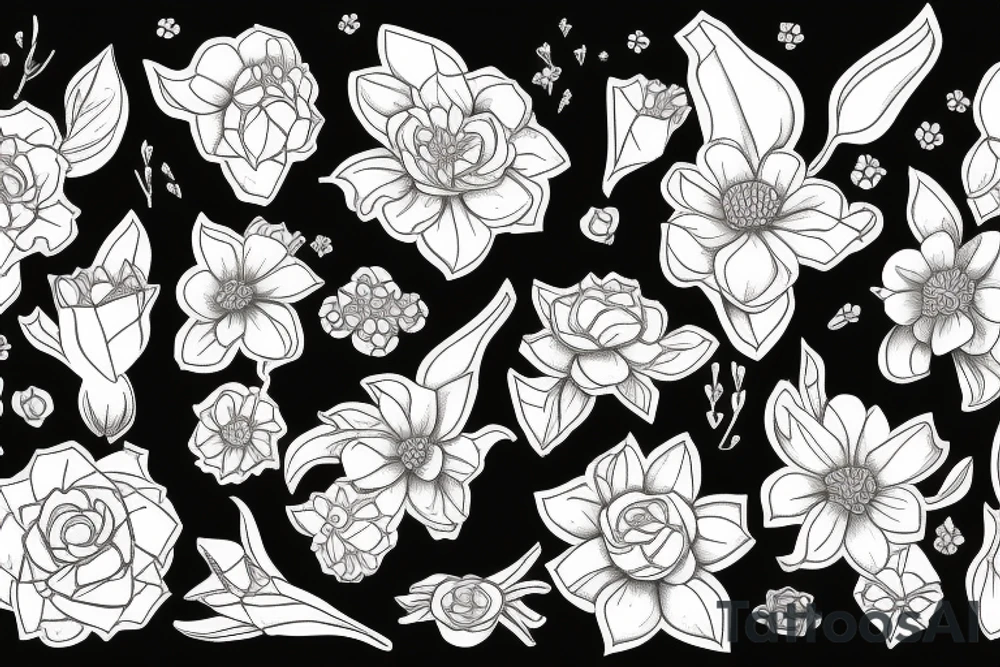 sketch of a sleeve on a black background intertwined flowers of licorice and chamomile tattoo idea