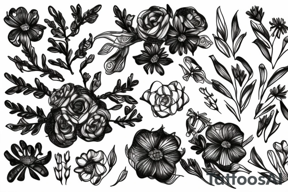 sketch of a sleeve on a black background intertwined flowers of licorice and chamomile tattoo idea