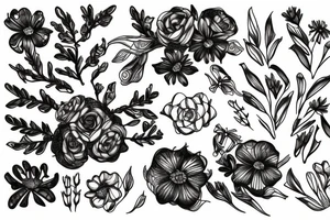 sketch of a sleeve on a black background intertwined flowers of licorice and chamomile tattoo idea