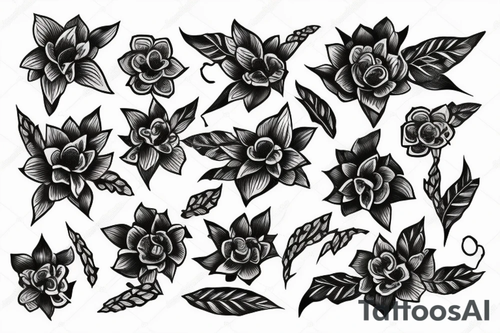 sketch of a sleeve on a black background intertwined flowers of licorice tattoo idea