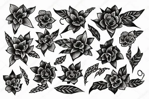 sketch of a sleeve on a black background intertwined flowers of licorice tattoo idea