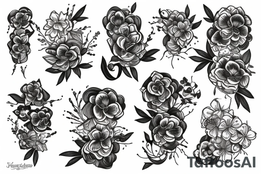 sketch of a sleeve on a black background intertwined flowers of licorice tattoo idea