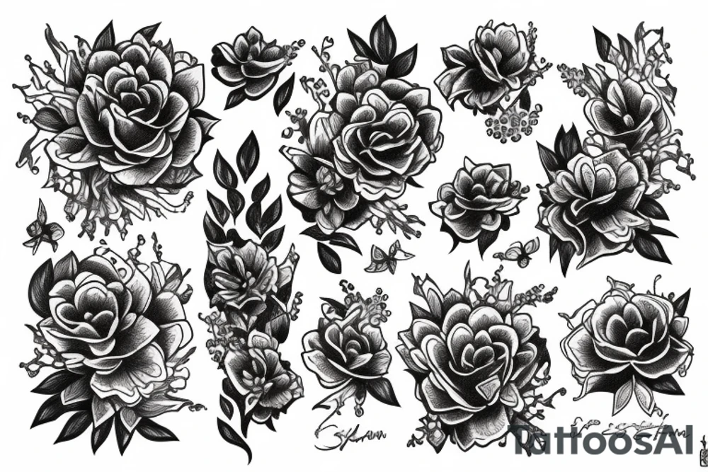 sketch of a sleeve on a black background flowers of lycorise tattoo idea