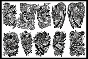 sketch of a sleeve on a black background lycorise tattoo idea
