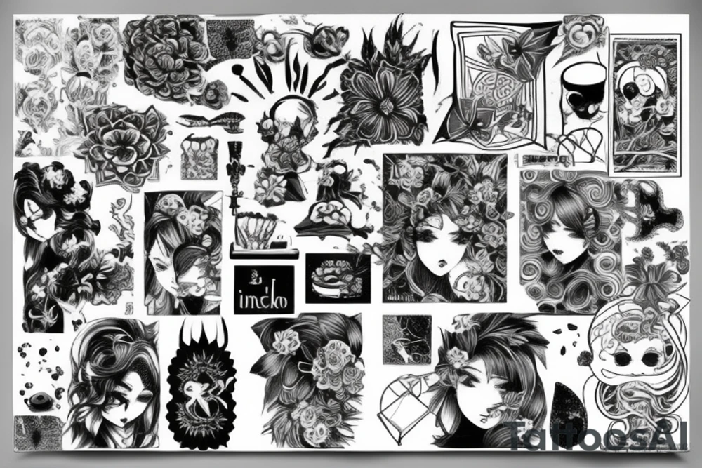 sketch sleeve black background lycorise tattoo idea