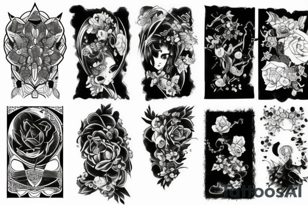 sketch sleeve black background tattoo idea