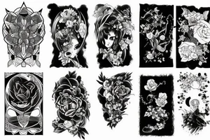 sketch sleeve black background tattoo idea