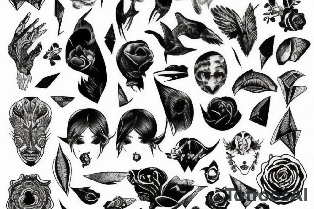 sketch sleeve black background tattoo idea
