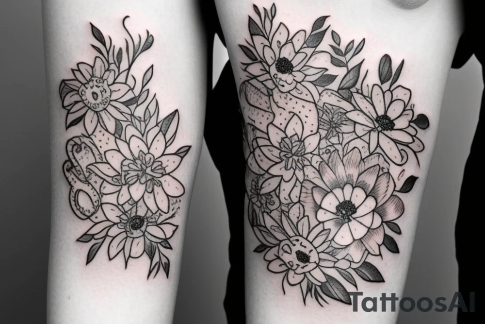 cat paws and flowers sleeve tattoo idea