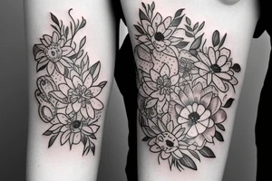 cat paws and flowers sleeve tattoo idea