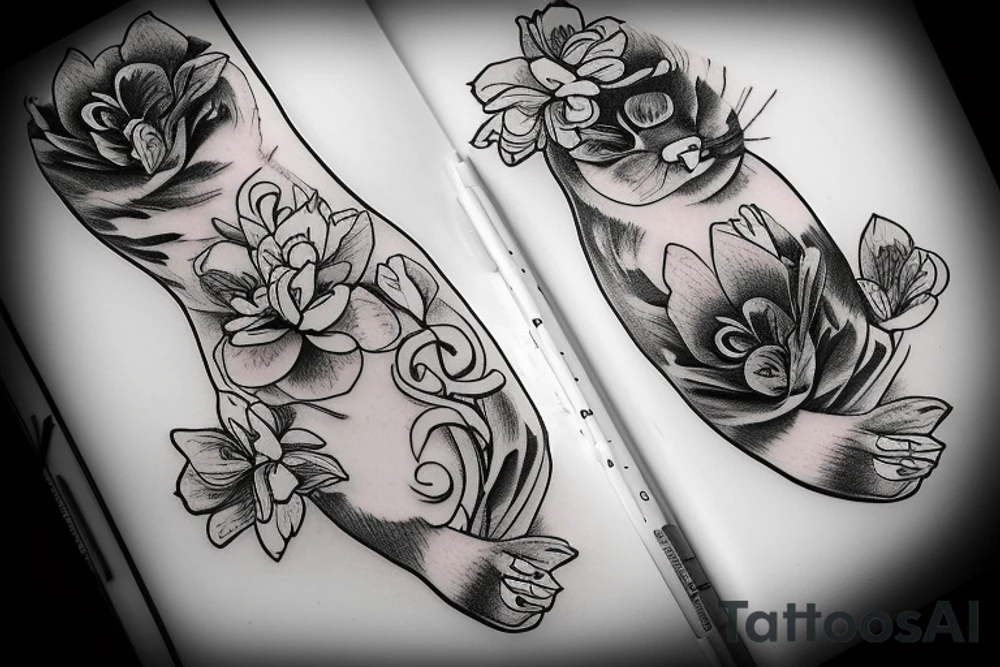 cat paws and flowers sleeve tattoo idea