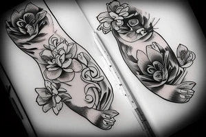 cat paws and flowers sleeve tattoo idea