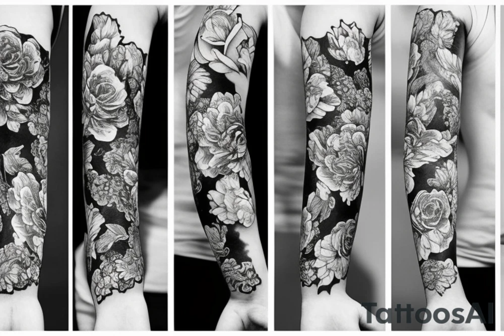 cat paws and flowers sleeve tattoo idea