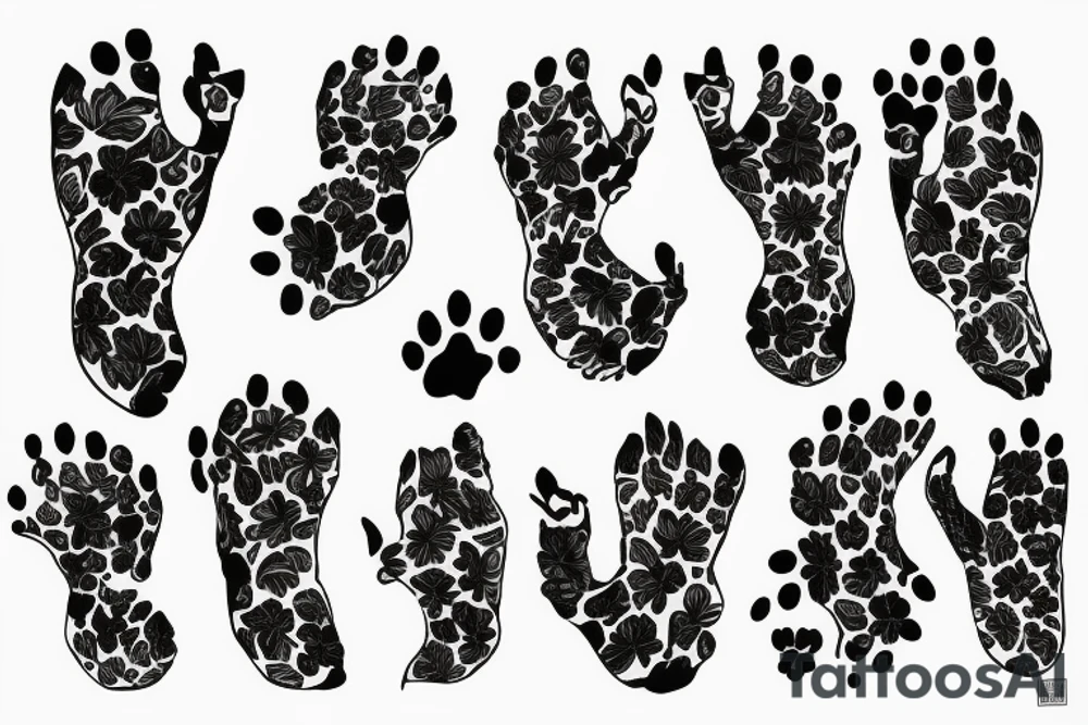 cat paws and flowers sleeve tattoo idea