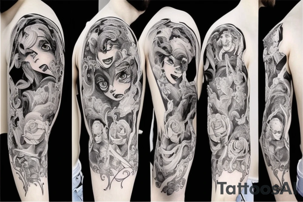 the beauty and the Beast on black background sleeve tattoo idea