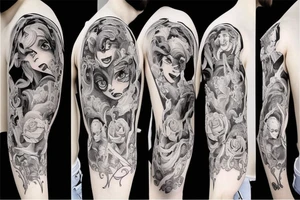 the beauty and the Beast on black background sleeve tattoo idea