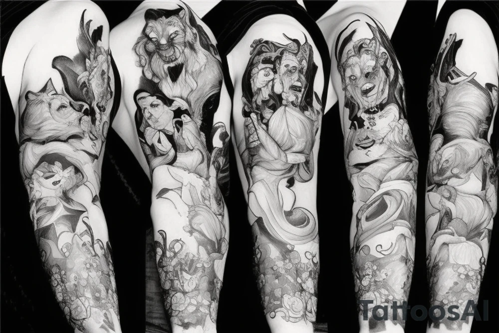 the beauty and the Beast on black background sleeve tattoo idea