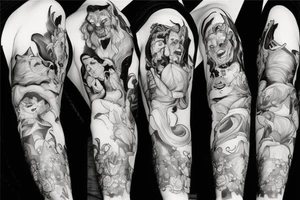 the beauty and the Beast on black background sleeve tattoo idea