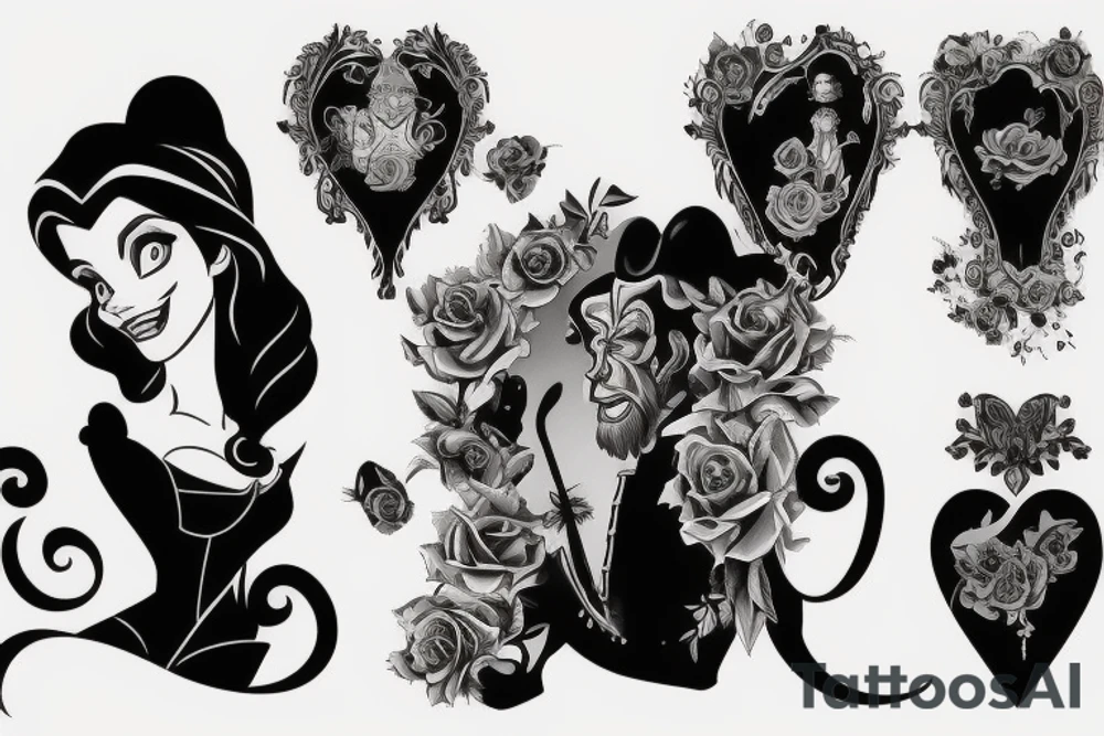 the beauty and the Beast on black background sleeve tattoo idea