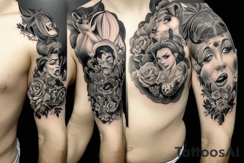the beauty and the Beast on black background sleeve tattoo idea