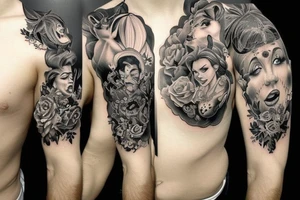 the beauty and the Beast on black background sleeve tattoo idea