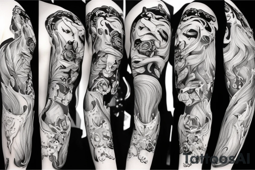 the beauty and the Beast on black background sleeve tattoo idea