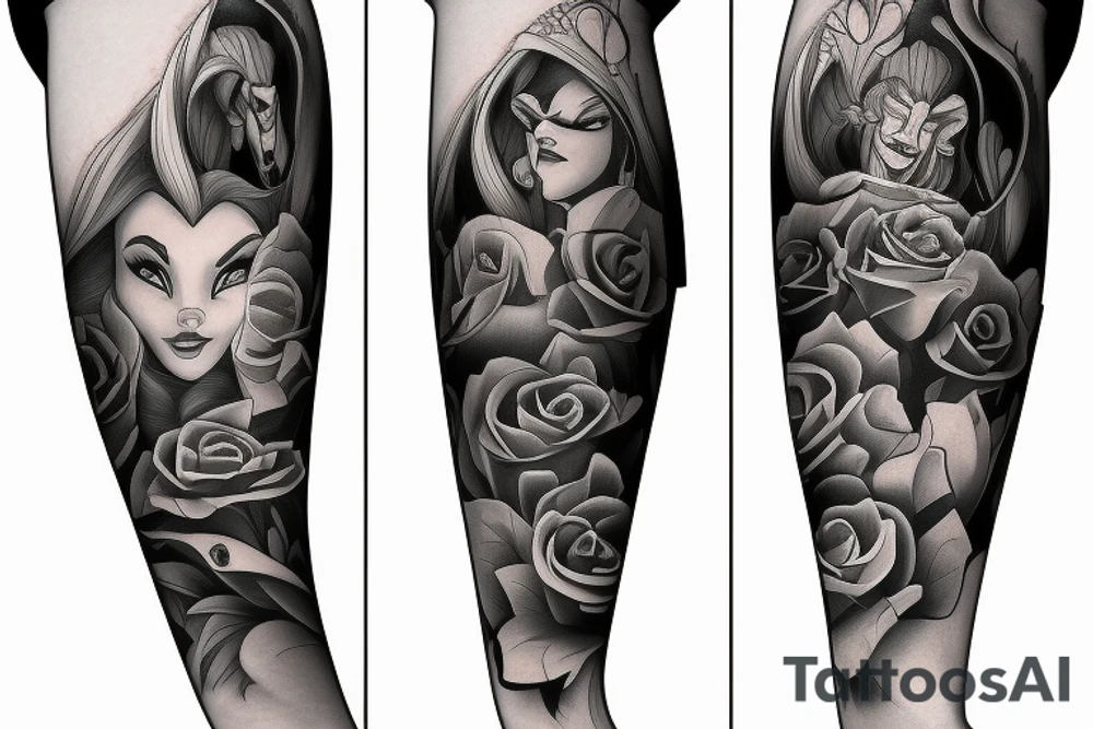 the beauty and the Beast on black background sleeve tattoo idea