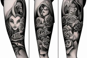 the beauty and the Beast on black background sleeve tattoo idea