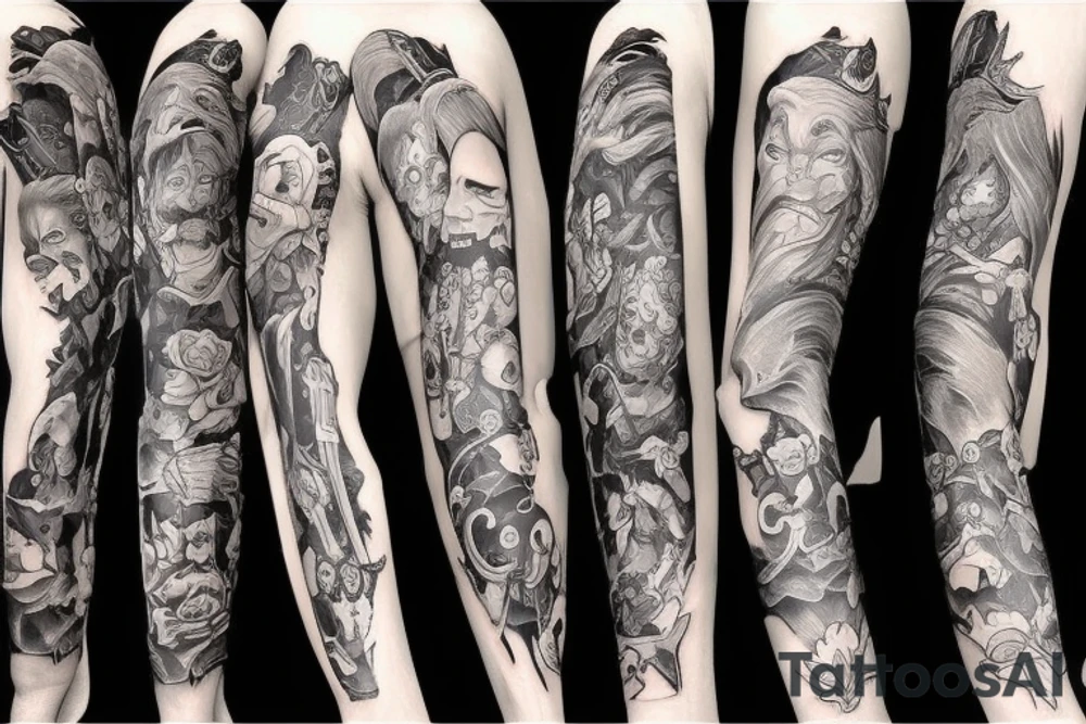 the beauty and the Beast on black background sleeve tattoo idea