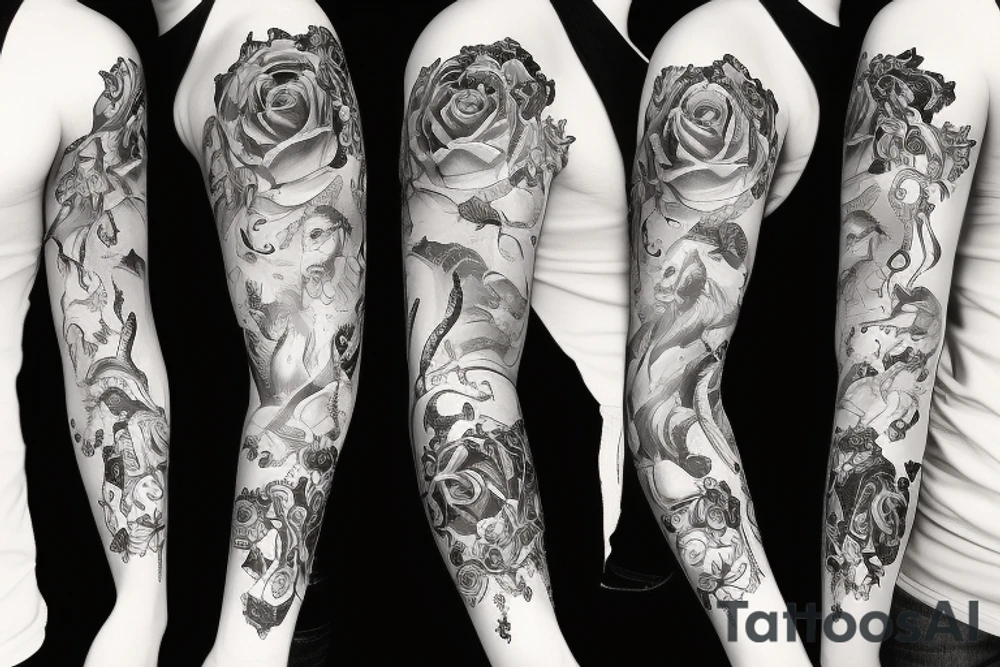 the beauty and the Beast on black background sleeve tattoo idea