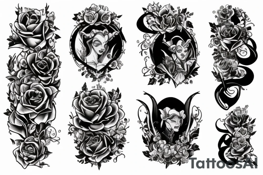 the beauty and the Beast on black background sleeve tattoo idea