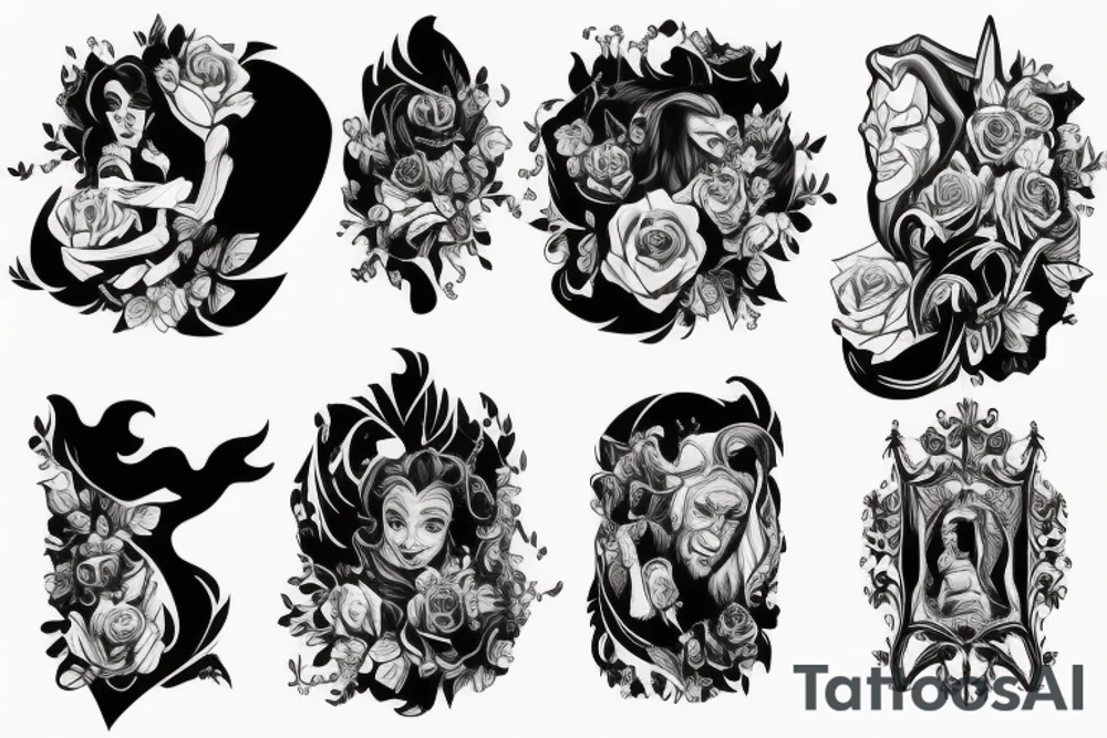 the beauty and the Beast on black background sleeve tattoo idea