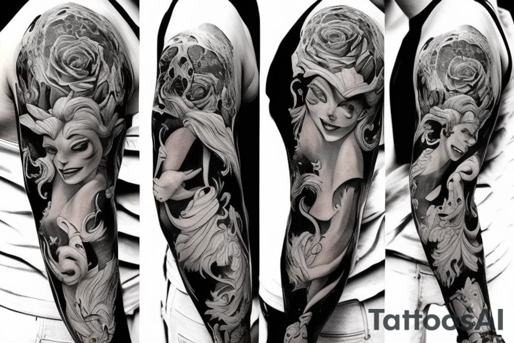 the beauty and the Beast on black background sleeve tattoo idea