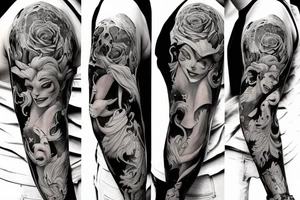 the beauty and the Beast on black background sleeve tattoo idea