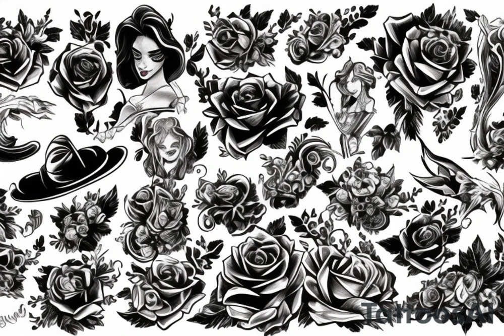 the beauty and the Beast on black background sleeve tattoo idea