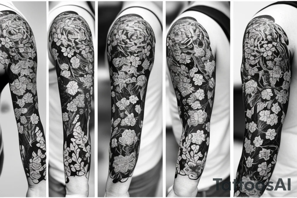 wildflowers on black background sleeve tattoo idea