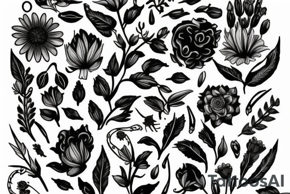 wildflowers on black backing sleeve tattoo idea