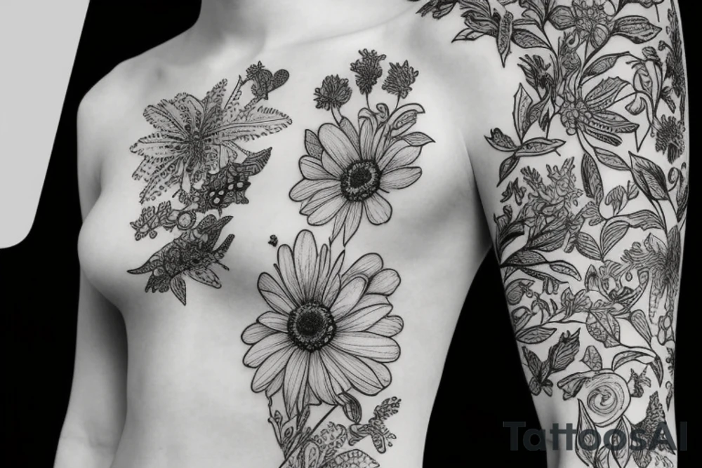 white wildflowers on black backing sleeve tattoo idea