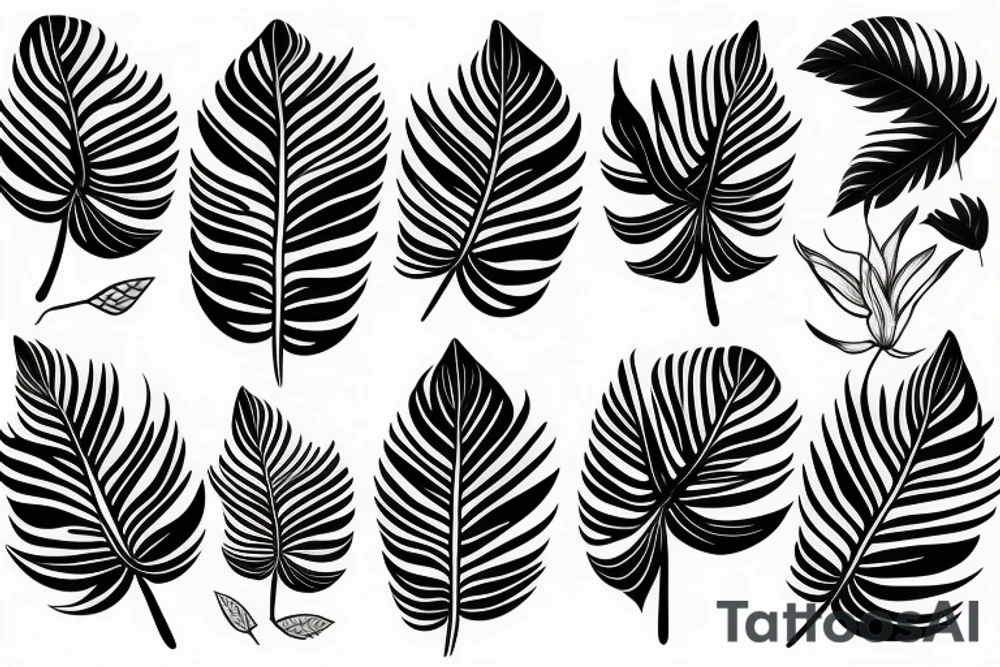 black background monstera leaves frangipani flowers sleeve tattoo idea