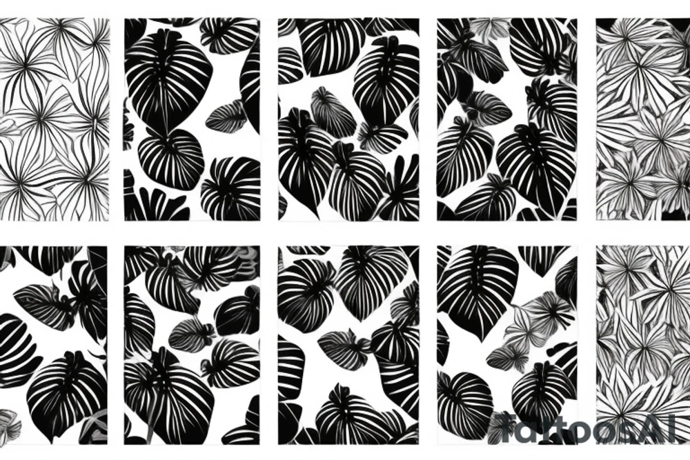 black background monstera leaves frangipani flowers sleeve tattoo idea