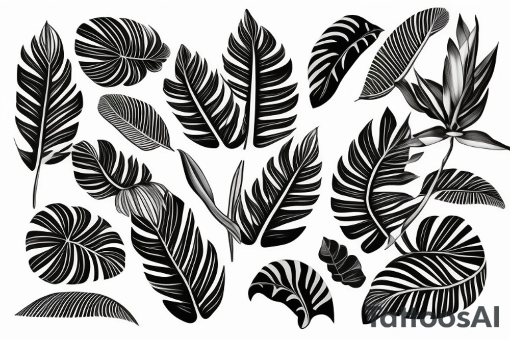 black background monstera leaves frangipani flowers sleeve tattoo idea