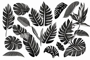 black background monstera leaves frangipani flowers sleeve tattoo idea