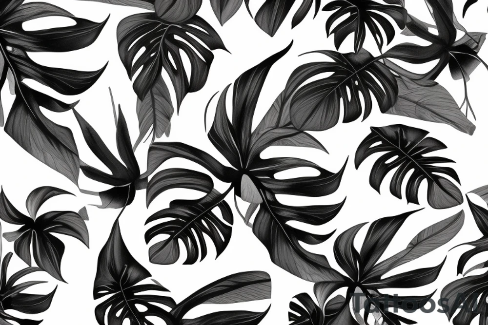 black background monstera leaves frangipani flowers sleeve tattoo idea