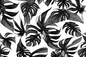 black background monstera leaves frangipani flowers sleeve tattoo idea